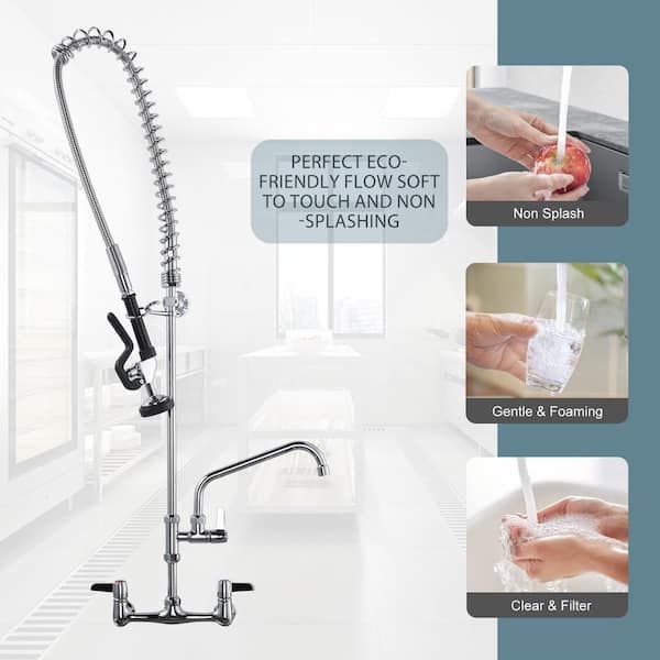 Commercial Triple Handle Wall Mount 47 in. Pull Down Sprayer Kitchen Faucet with Pre-Rinse Sprayer Solid Brass in Chrome