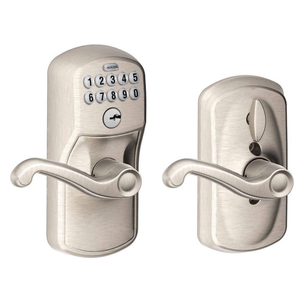 Schlage Plymouth Satin Nickel Electronic Keypad Door Lock with Flair Handle  and Flex Lock FE595 PLY 619 FLA The Home Depot