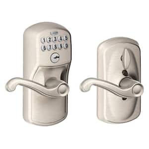 Plymouth Satin Nickel Electronic Door Lock with Flair Door Lever Featuring Flex Lock