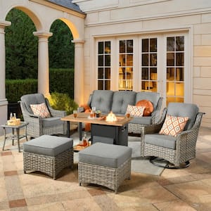 Denver 7-Piece Wicker Outdoor Patio Conversation Sofa Set with Swivel Chairs, a Storage Fire Pit and Dark Grey Cushions