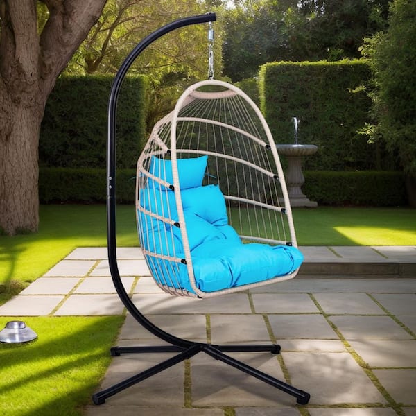 1-Piece Wicker Outdoor Swing Hammock Egg Chair with Cushions in Blue for Outdoor and Indoor