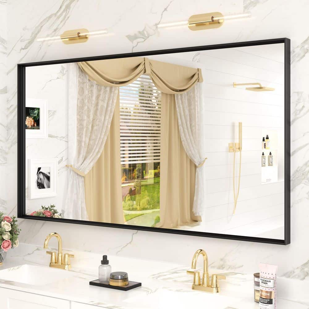 55 in. W x 30 in. H Rectangular Aluminum Alloy Framed and Tempered Glass Wall Bathroom Vanity Mirror in Matte Black price history on PriceWatchPro
