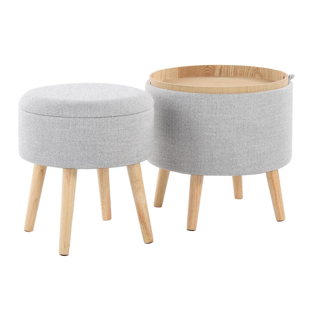 Natural Wood and Light Grey Fabric Round Tray Storage Ottoman Set