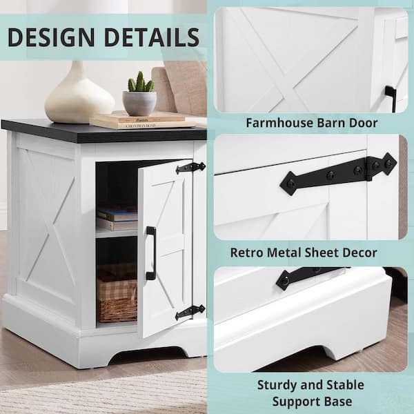White 15.75 in. Nightstand with Barn Door and Adjustable Storage Shelf