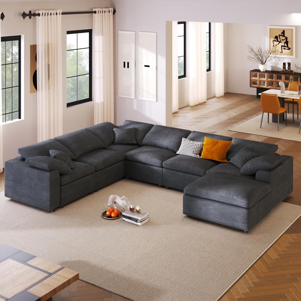 J&E Home 129.6 in. Square Arm 7-Piece Linen Oversized Modular Sectional ...