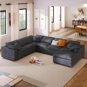129.6 in. Square Arm 7-Piece Linen Oversized Modular Sectional Sofa with Ottoman Corner in Beige