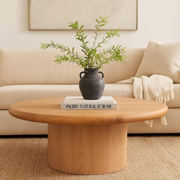 Camy 41.0 in. Light Oak Brown Round Wood Coffee Table with Pedestal Base
