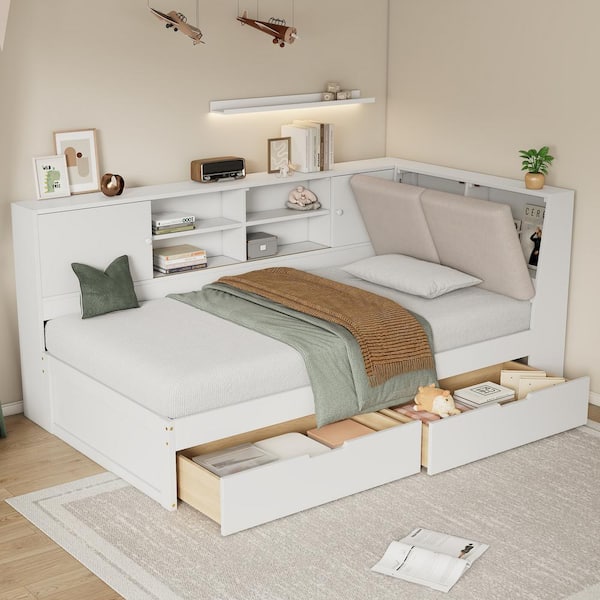 Harper & Bright Designs White Twin Daybed with Storage Bookcase, Linen Upholstered Hidden Storage Headboard, USB Charging, 2 Drawers