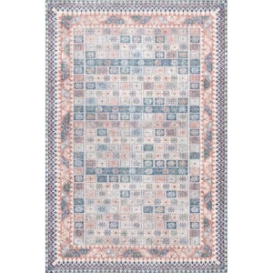 Kasha Bohemian Tiles Machine Washable Beige 8 ft. x 10 ft. Area Rug