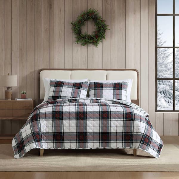 Holiday Plaid 2-Piece White/Red/Green Flannel Cotton Twin Quilt Set