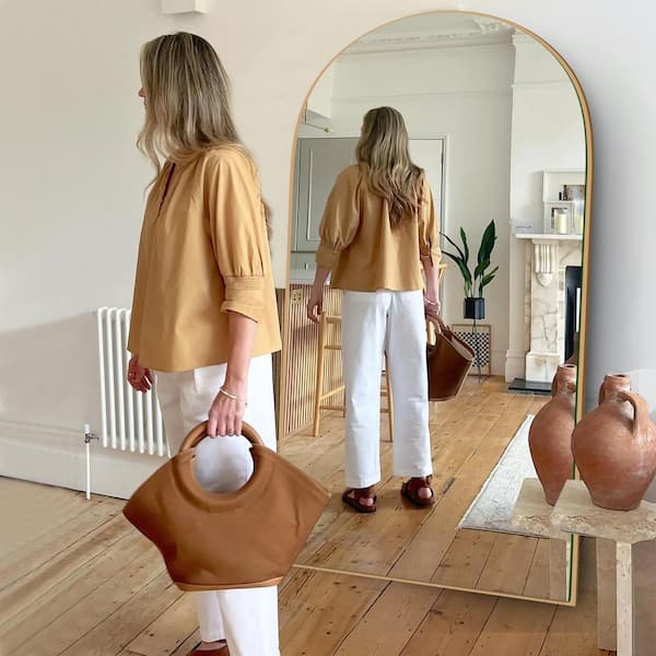 32 in. W x 71 in. H Oversized Modern Arch Wood Full Length Mirror Gold Wall Mounted/Standing Mirror Floor Mirror