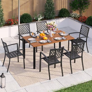 7-Piece Metal Outdoor Patio Dining Set with Brown Rectangular Slat Table-Top and Elegant Stackable Chairs