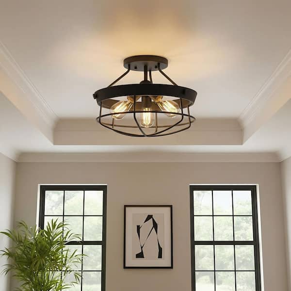 Southbourne 15.5 in. 3-Light Matte Black Rustic Farmhouse Semi-Flush Mount Light