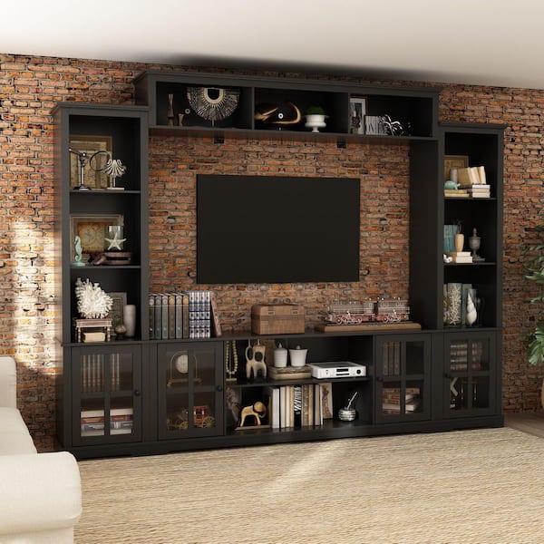 Entertainment Wall Unit with Bridge, Modern Console Table, TV Stand Fits TV's up to 66 in., with Glass Door, Black