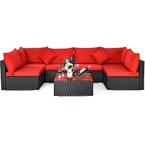 7-Piece Wicker Outdoor Patio Conversation Set Sectional Sofa Set with Red Cushions and Tempered Glass Top Coffee Table