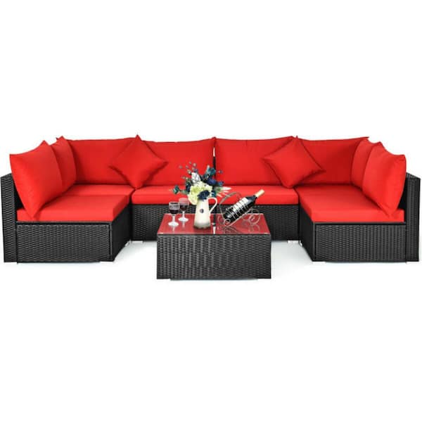 Clihome 7-Piece Wicker Outdoor Patio Conversation Set Sectional Sofa Set with Red Cushions and Tempered Glass Top Coffee Table