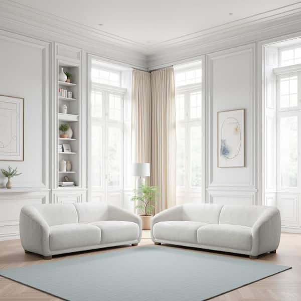 Oliver 2-Piece Soft White Boucle Fabric Round Sloped Arms Sofa and Loveseat Living Room Set