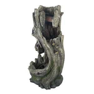 Outdoor Tree Trunk Fountain, Polyresin Rusitic Floor Standing Waterfall Fountain with Light, Natural Water Feature