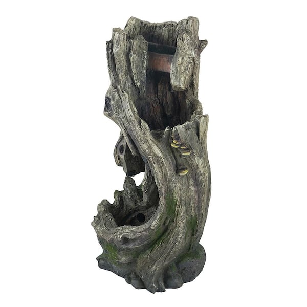 myhomore Outdoor Tree Trunk Fountain, Polyresin Rusitic Floor Standing Waterfall Fountain with Light, Natural Water Feature
