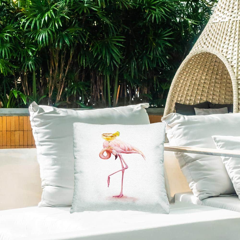 Pink Flamingo with Cocktail Square Outdoor Throw Pillow