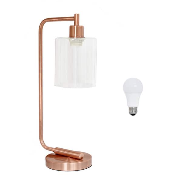 Creekwood home Vintage Vantage 18.8 in. Rose Gold Minimalist Industrial Curved Arm Task & Reading Desk Lamp w/ Glass Shade & LED Bulb