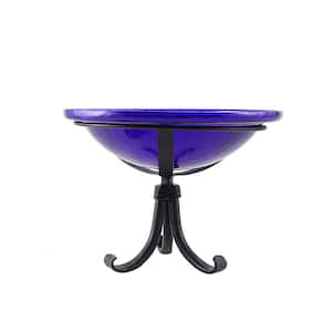12.5 in. Dia Cobalt Blue Reflective Crackle Glass Birdbath Bowl with Tripod Stand
