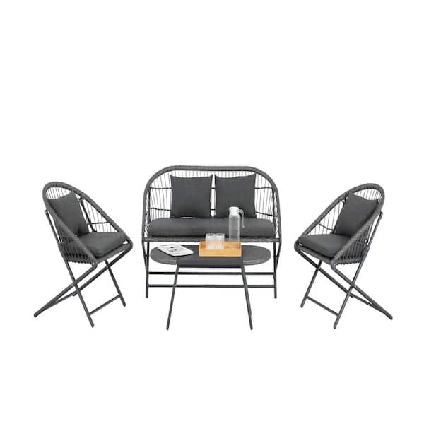 Cisvio 4-Piece Patio Wicker Outdoor Dining Sectional Sofa Set for Patio Porch Garden with Gray Cushions
