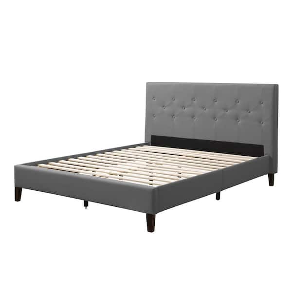 CorLiving Nova Ridge Gray Fabric Queen Upholstered Platform Bed with Diamond Button-Tufted Headboard