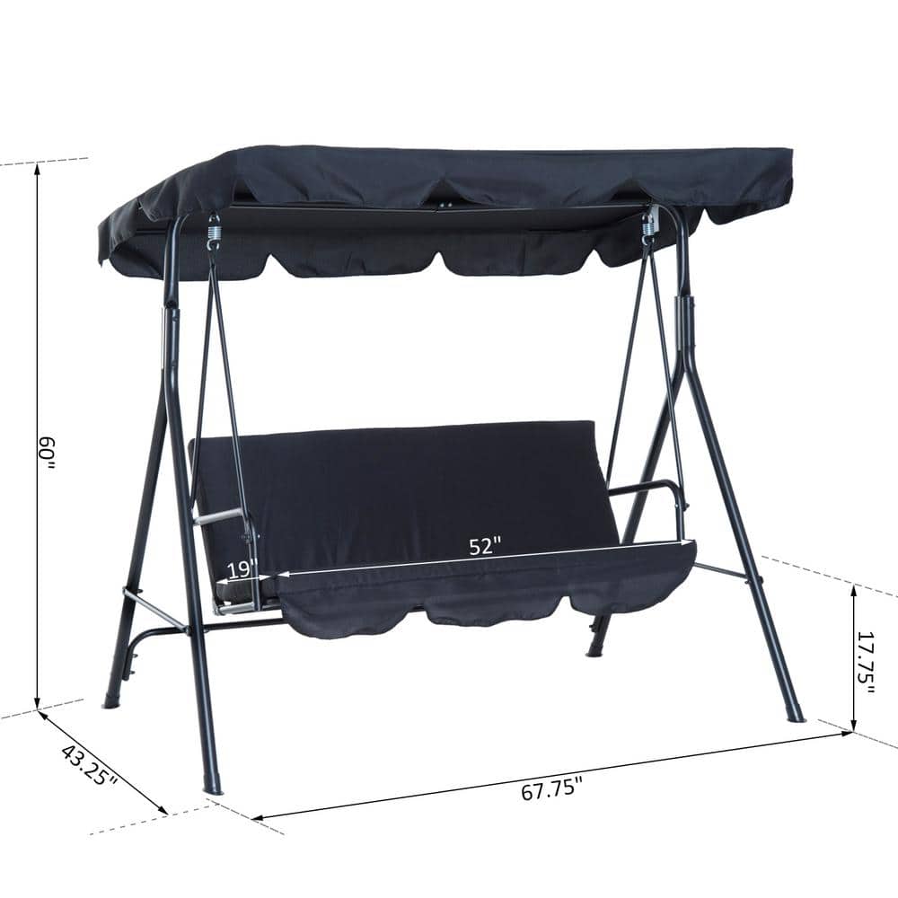 Black Steel Frame 3-Seat Outdoor Patio Swing with Adjustable Canopy