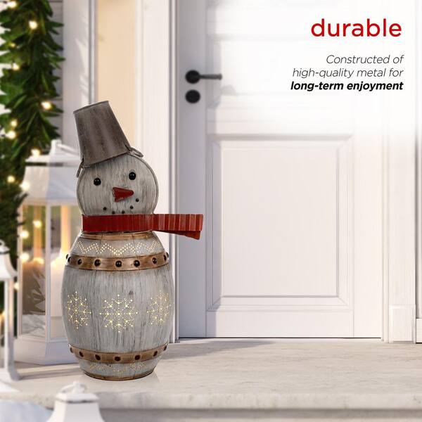 Alpine Corporation 30 in. Tall Weathered Barrel Snowman With Warm 