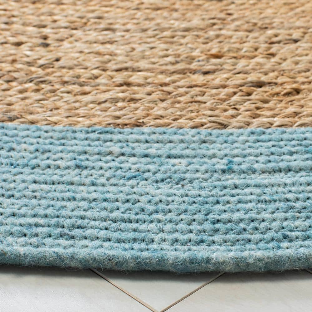 Handmade Blue and Natural Braided Round Wool Cotton Rug