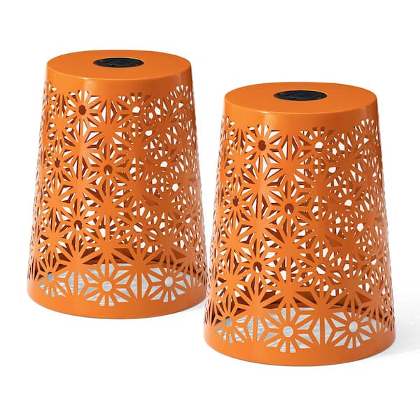17.5 in. H Kits and Accessories Orange Iron Cutout Geometric Solar Powdered Garden Stool / Planter Stand (Set of 2)
