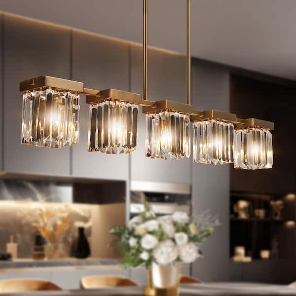 Vertilux Modern Plated Brass Island Chandelier With Crystal Shades 40.2 in. 5-Light Linear Large Pendant for Dining Room