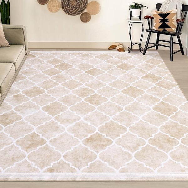 Vintage Brown, 5 ft. x 7 ft. Grid Printed Rug Low Pile Non-Slip Carpet Washable Home Decor Area Rug