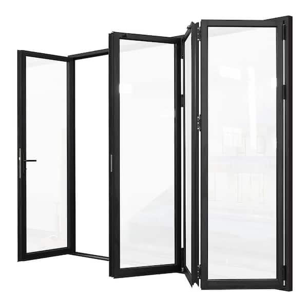 144 in. x 96 in. Matte Black 1 Left 3 Right Out-Swing Thermal Break Aluminum Folding Patio Door with Locks