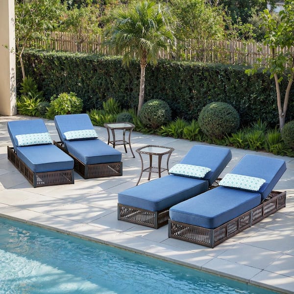 ArcoBay 6-Piece Brown Wicker Outdoor Chaise Lounge with 5 in. Thick Navy Blue Cushions and Side Table