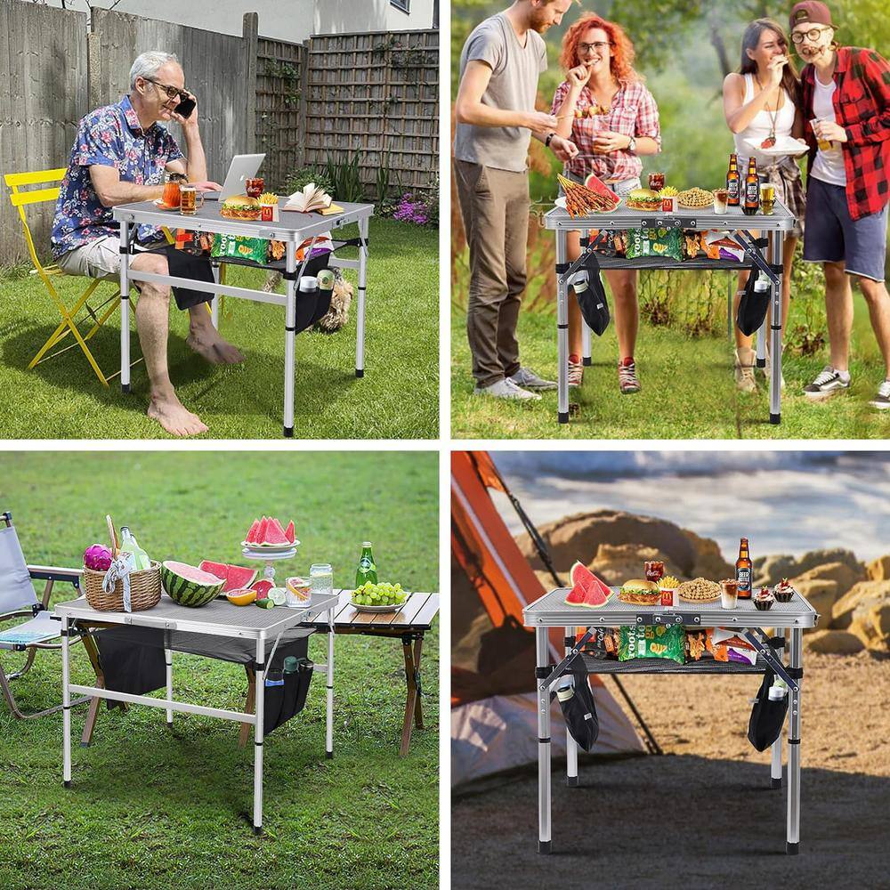 31.5" Silver Steel Folding Camping Table with Mesh Storage