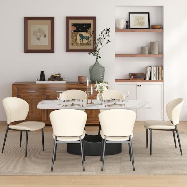 Beige Microfiber Leather Dining Chair (Set of 6), Upholstered Side Chairs with Metal Legs for Dining Room