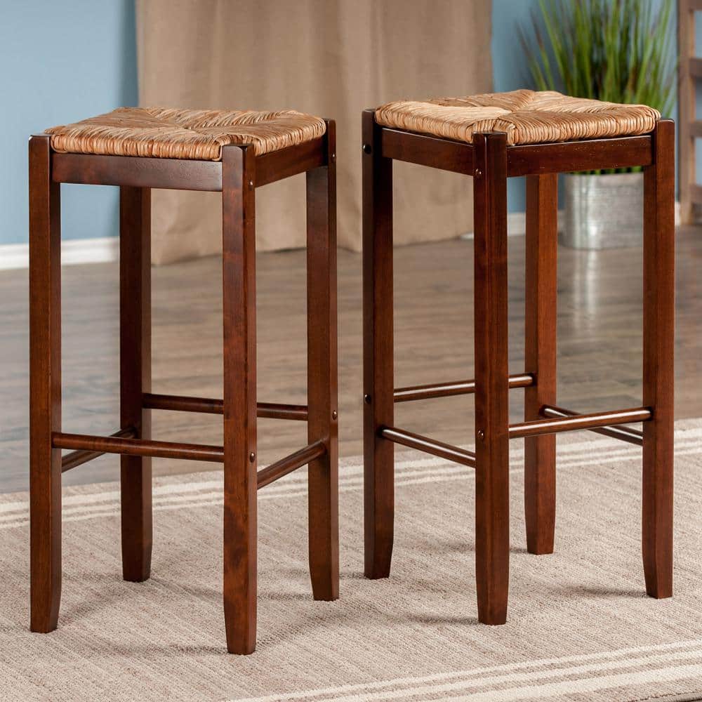 Kaden 29" Brown Wood Backless Bar Stools with Rush Seat