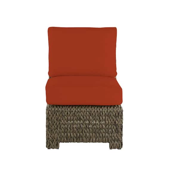 Hampton Bay Laguna Point Brown Wicker Armless Middle Outdoor Patio Sectional Chair with CushionGuard Quarry Red Cushions