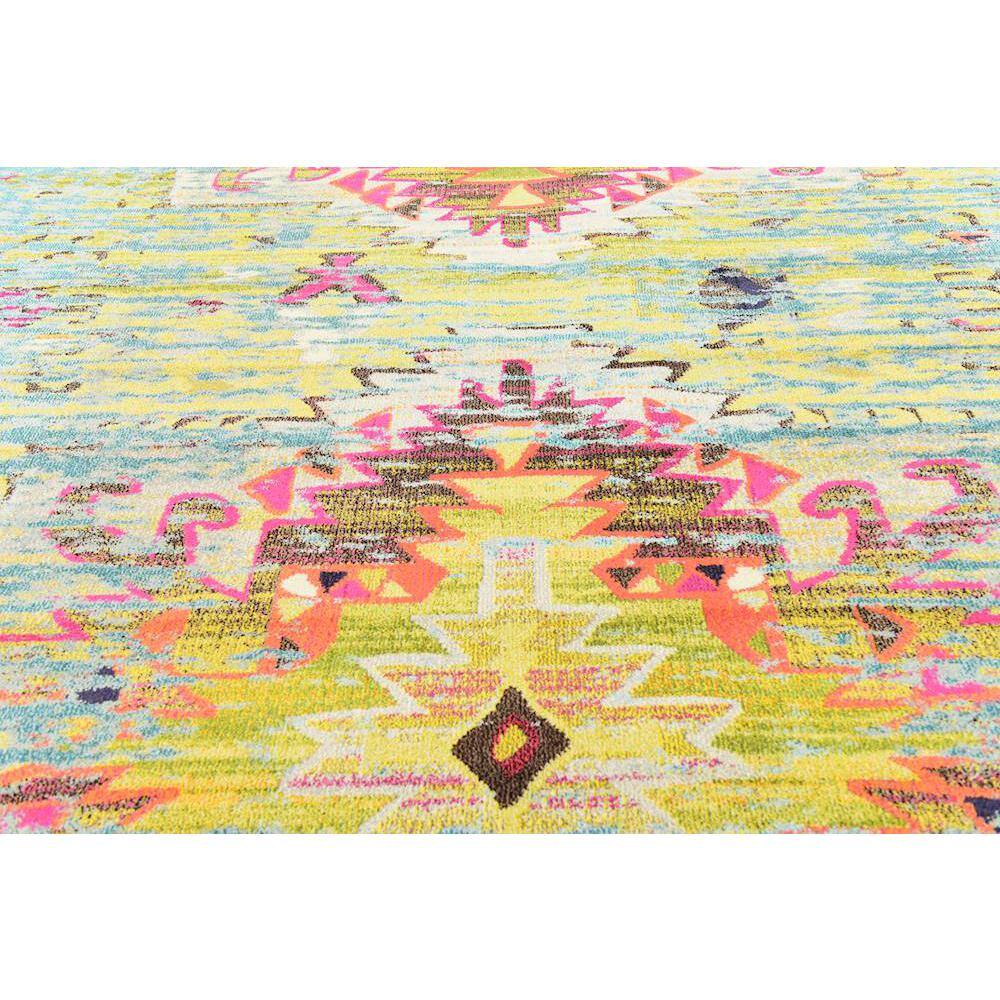 Turquoise and Yellow Abstract Synthetic Stain-Resistant Rug