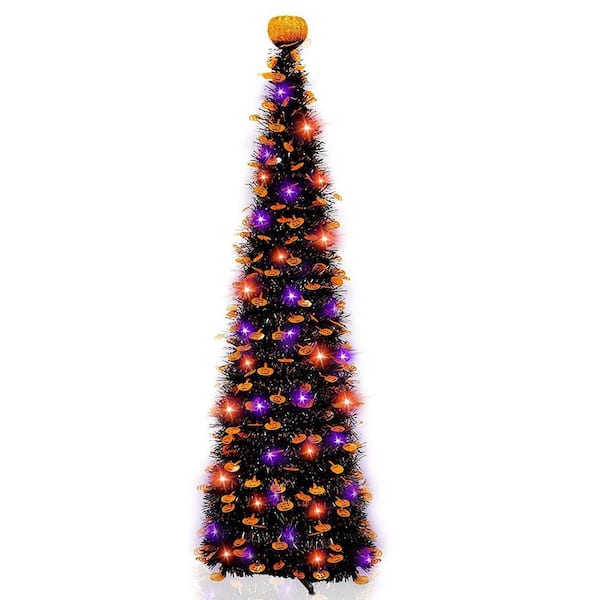 61 in. Battery Operated Black Tinsel Halloween Tree with 50-LED Orange Purple Lights Halloween Yard Decoration