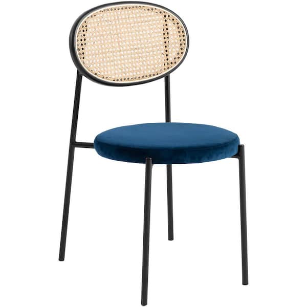 Leisuremod Euston Modern Wicker Dining Chair with Navy Blue Velvet Round Seat