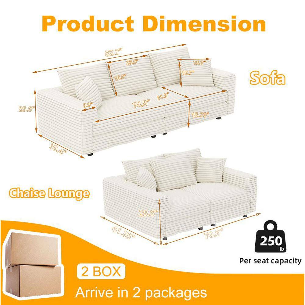 Dimension diagram showing the measurements for the sofa and chaise lounge.