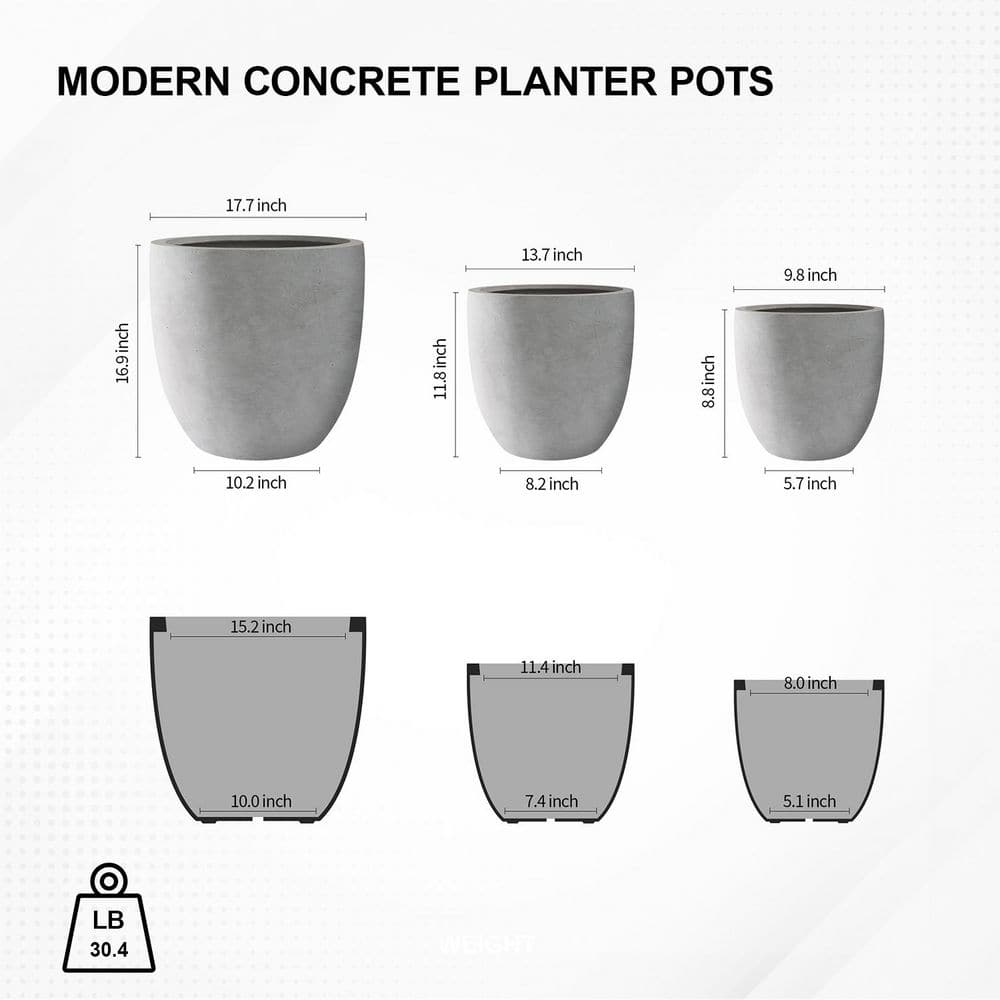 Natural Concrete Round Planters Set of 3 with Drainage Holes
