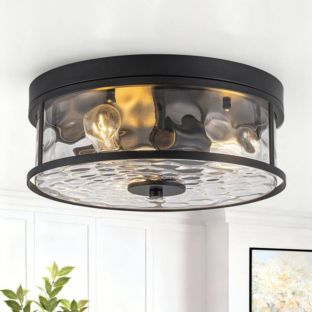 12.6 in. 3-Light Matte Black Modern Clear Water Ripple Glass Drum Flush Mount Ceiling Light price history on PriceWatchPro