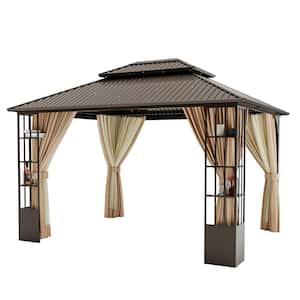 10 ft. x 12 ft. Double Roof Hardtop Patio Gazebo with Aluminum Frame, Storage Shelf and Brown Curtains
