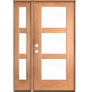 BRIGHTON Modern 50 in. x 80 in. 3-Lite Right-Hand/Inswing Clear Glass Teak Stain Fiberglass Prehung Front Door w/LSL