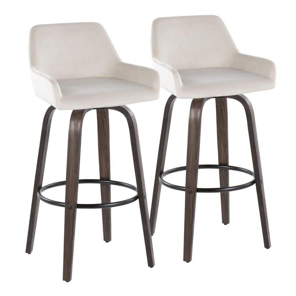 Daniella 30" White Velvet and Walnut Swivel Barstools - Set of 2
