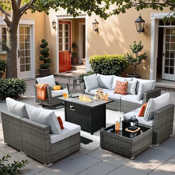 Toject Sanibel Gray 10-Piece Wicker Patio Conversation Sofa Set with a Swivel Chair, a Metal Fire Pit and Light Gray Cushions